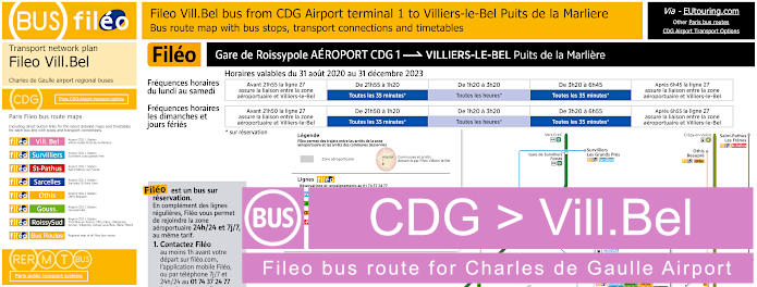 Fileo bus CDG Airport to Villiers-le-Bel map and timetables