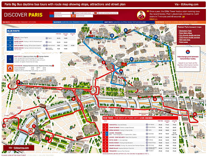 Big Bus Paris tour map for Red and Blue lines