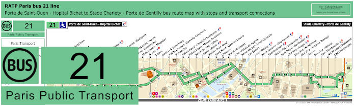 Paris bus line 21 map with stops and connections