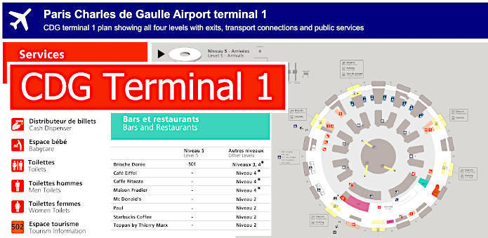 Paris Charles de Gaulle Airport map. Terminals. Metro.