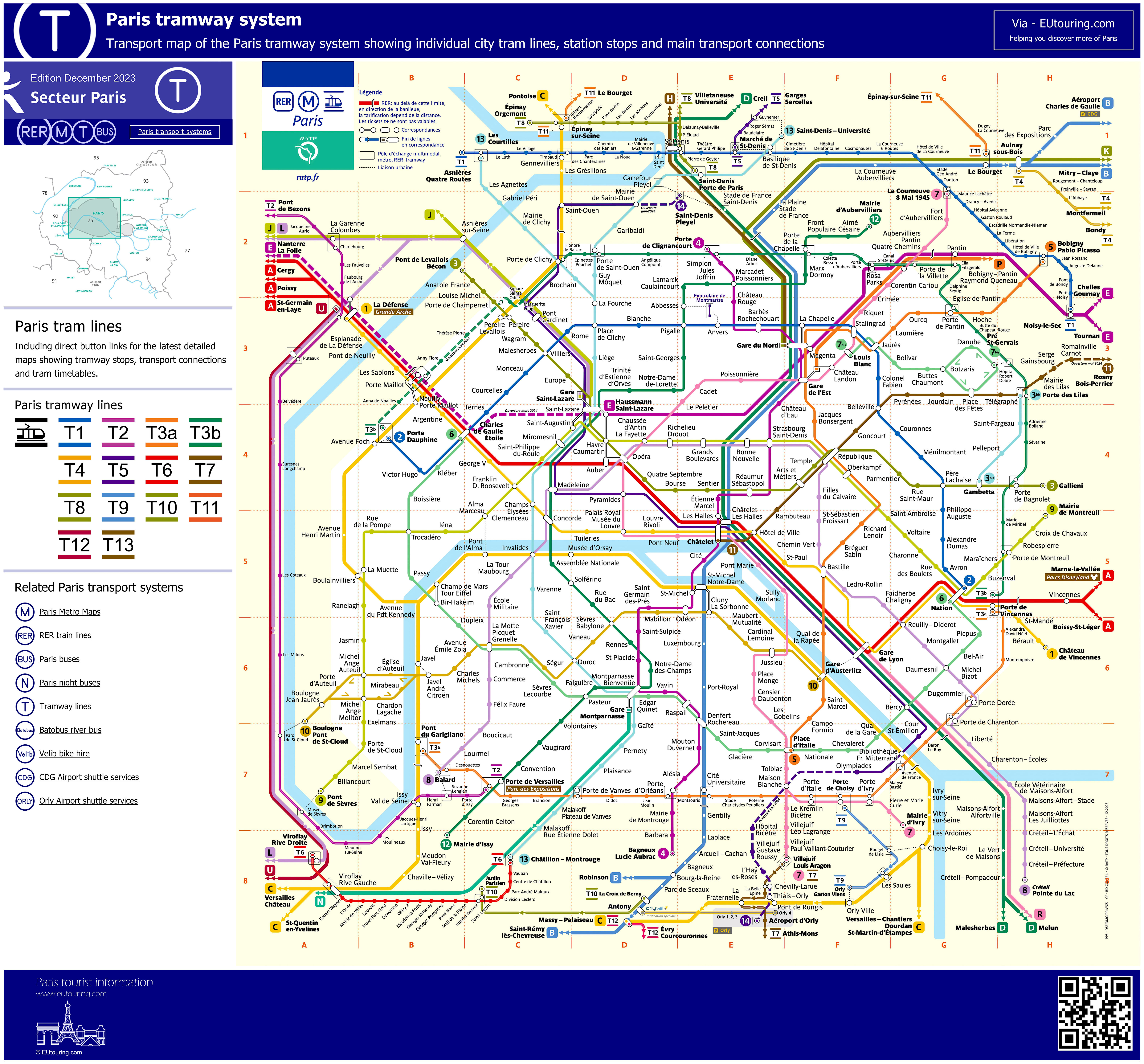 Paris tram maps and timetables for SNCF & RATP city tramways